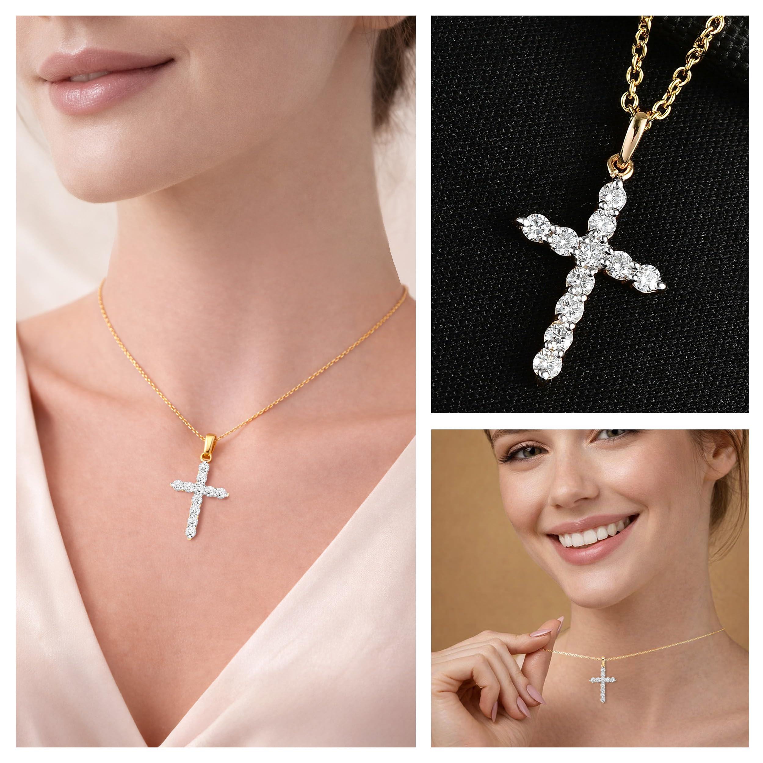 0.5 Carat Lab Grown Diamond (G-H Color SI Clarity) Pendant Cross Necklace for Women in 925 Sterling Silver with 18K Vermeil Yellow Gold/Rhodium Plated Stainless Steel Cable Chain - 20 Inches Gifts - Image 2