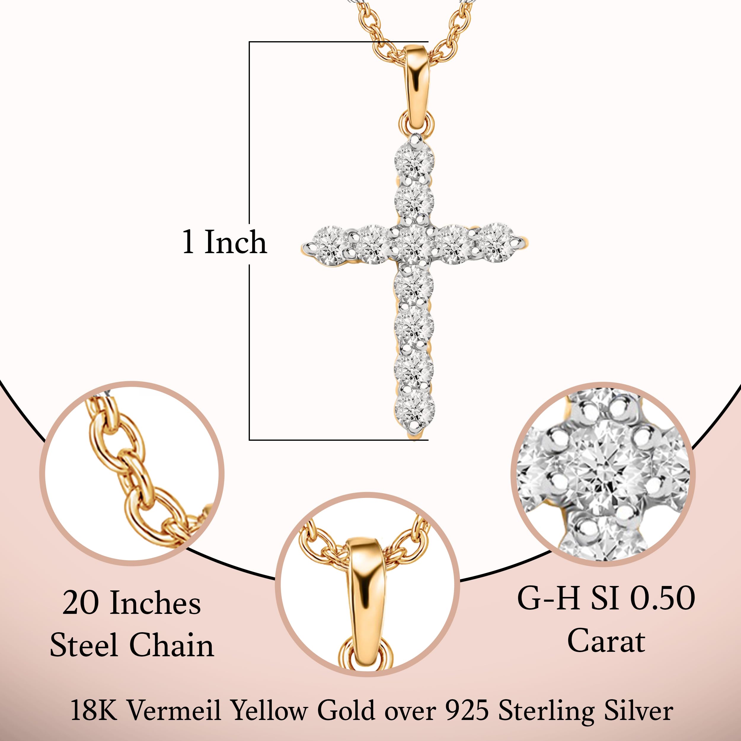 0.5 Carat Lab Grown Diamond (G-H Color SI Clarity) Pendant Cross Necklace for Women in 925 Sterling Silver with 18K Vermeil Yellow Gold/Rhodium Plated Stainless Steel Cable Chain - 20 Inches Gifts - Image 3