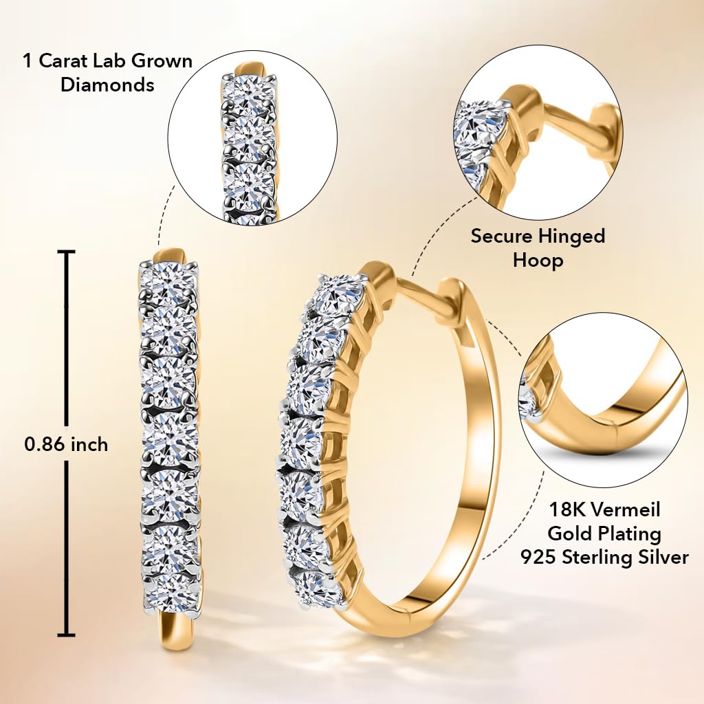 1 Carat Lab Grown Diamond Hoop Earrings for Women in 925 Sterling Silver with 18K Vermeil Yellow Gold/Rhodium Plated Jewelry Gifts (G-H Color SI Clarity) Prong Set - Image 3