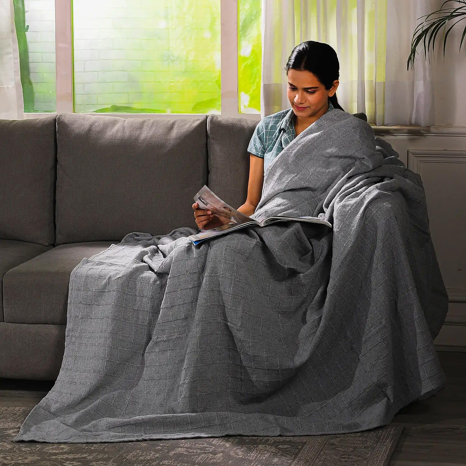 100% Cotton Gray Throw Blanket Woven Checker Pattern Super Soft Breathable Lightweight 68x90 inches Birthday - Image 3