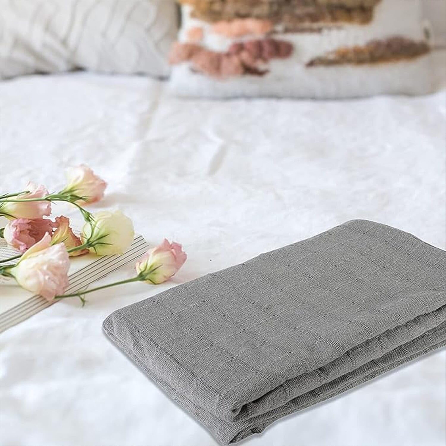 100% Cotton Gray Throw Blanket Woven Checker Pattern Super Soft Breathable Lightweight 68x90 inches Birthday - Image 4