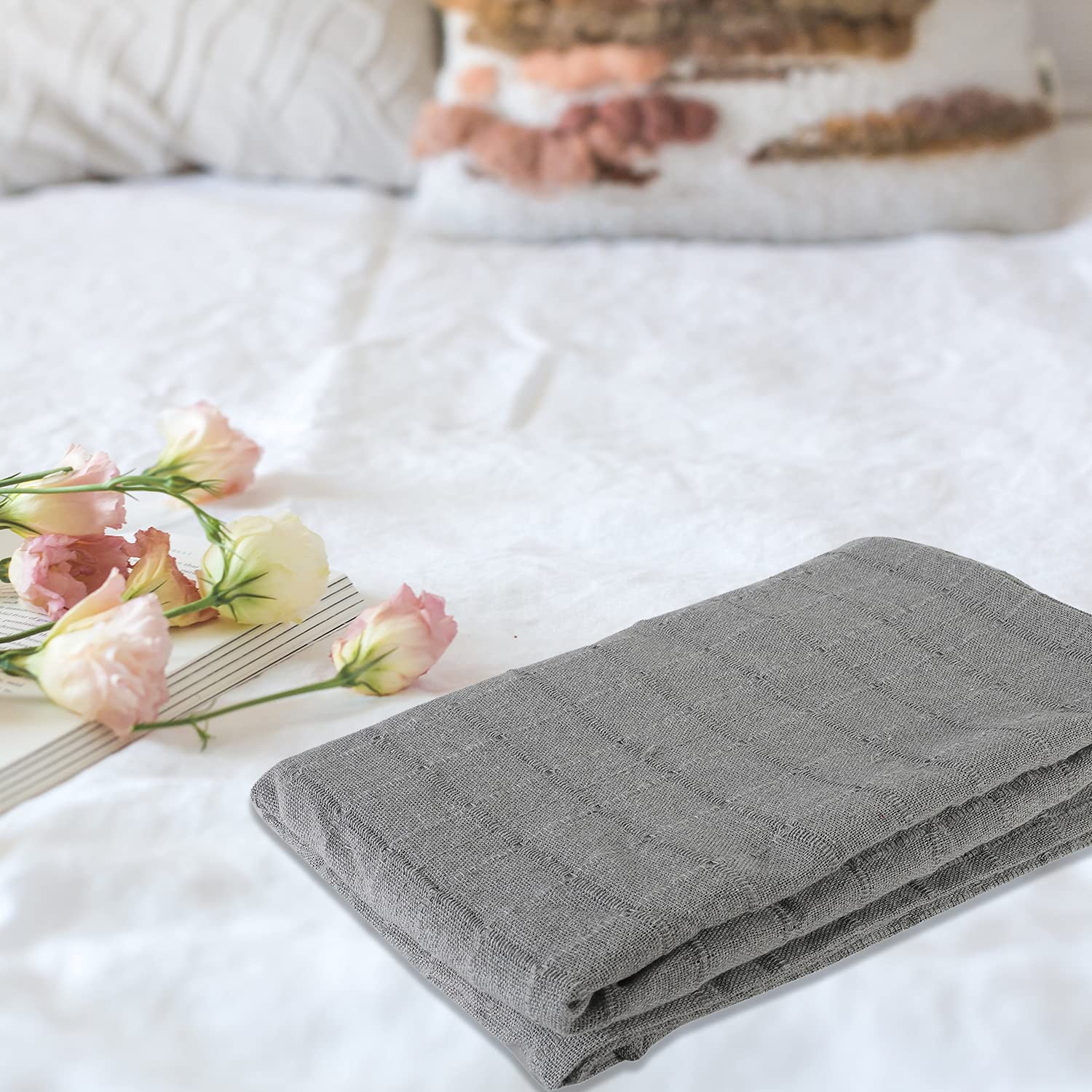 100% Cotton Gray Throw Blanket Woven Checker Pattern Super Soft Breathable Lightweight 68x90 inches Birthday - Image 6