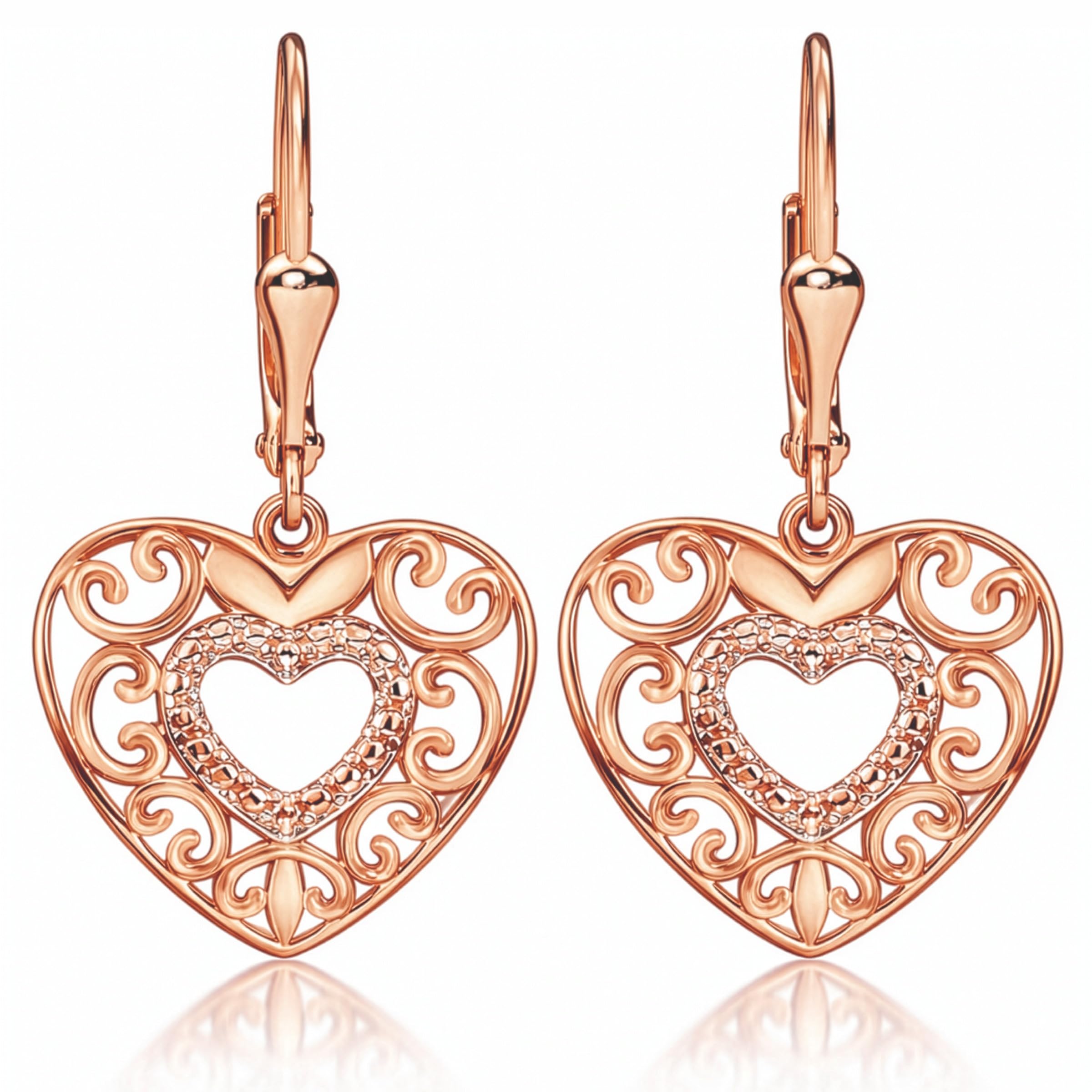 14K Gold Plated Sterling Silver Heart Earrings for Women - Drop Dangle Filigree Earrings for Women - Fashion Cute Jewelry Anniversary Birthday Christmas Gifts for Her