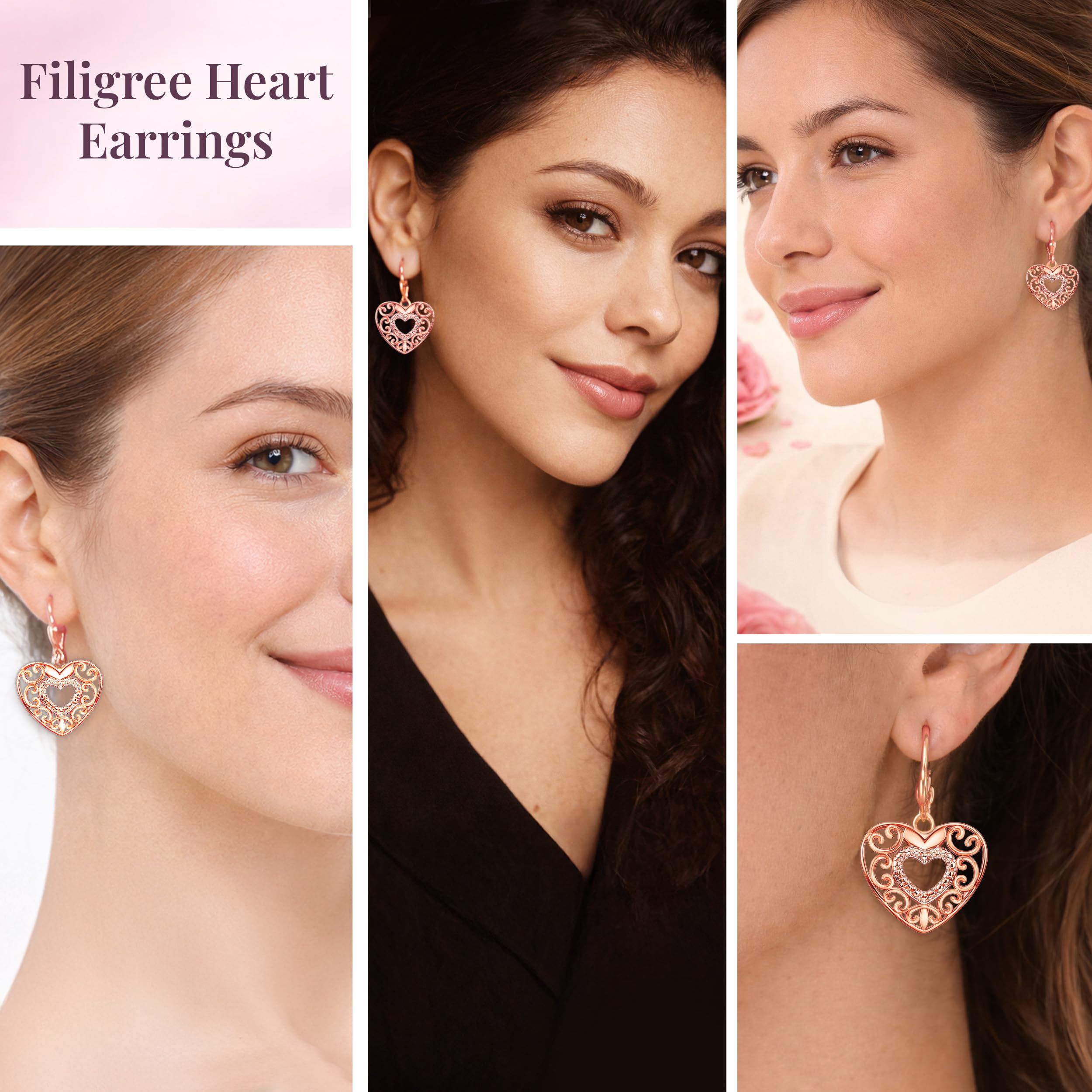 14K Gold Plated Sterling Silver Heart Earrings for Women - Drop Dangle Filigree Earrings for Women - Fashion Cute Jewelry Anniversary Birthday Christmas Gifts for Her - Image 2