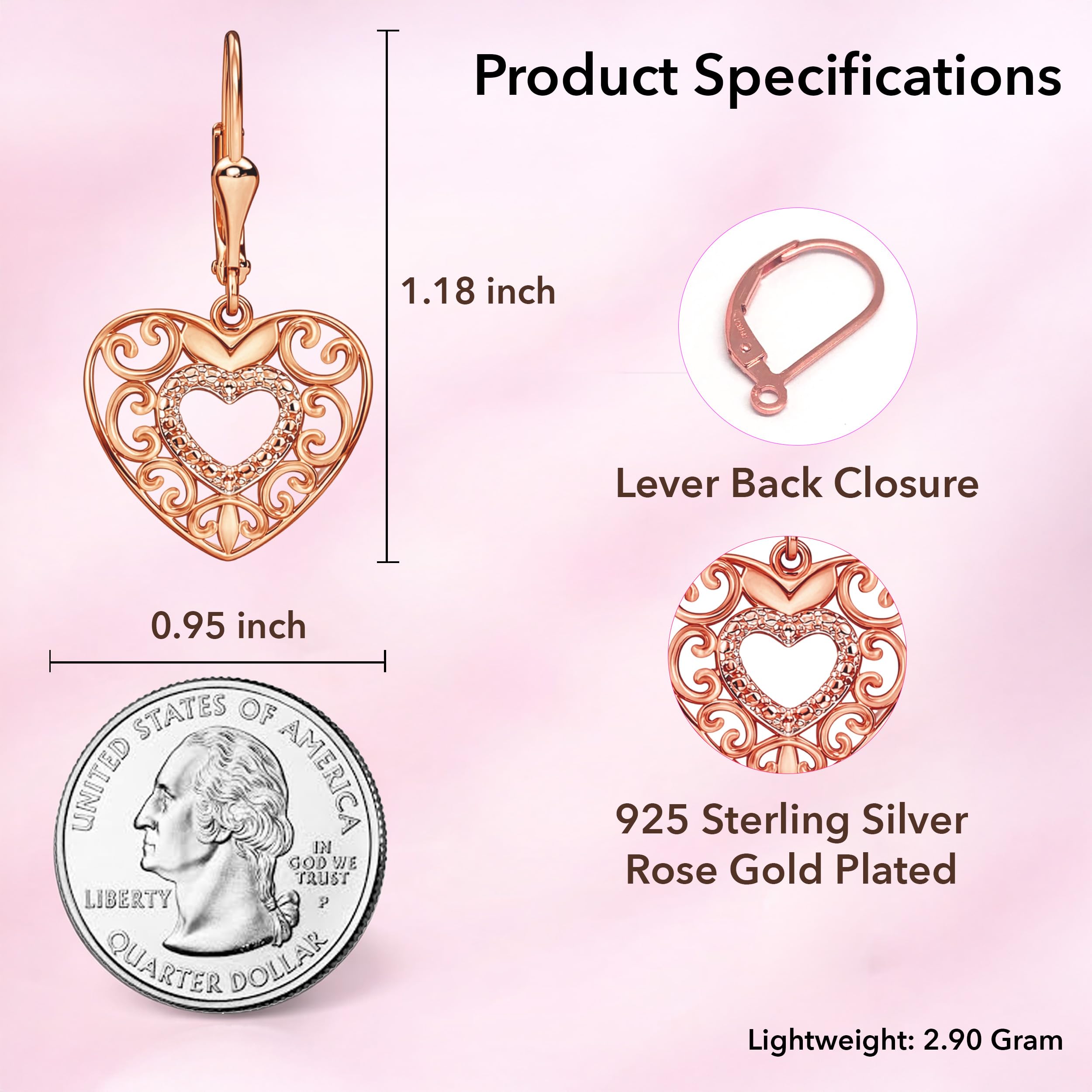 14K Gold Plated Sterling Silver Heart Earrings for Women - Drop Dangle Filigree Earrings for Women - Fashion Cute Jewelry Anniversary Birthday Christmas Gifts for Her - Image 3