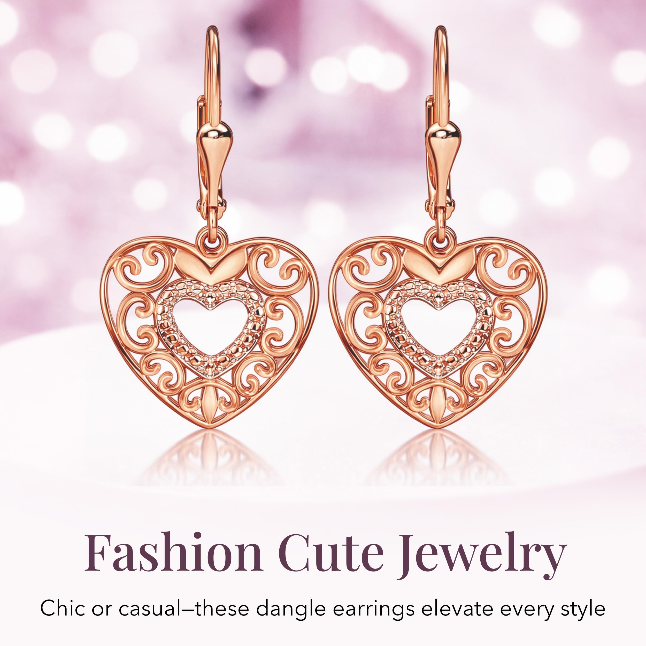 14K Gold Plated Sterling Silver Heart Earrings for Women - Drop Dangle Filigree Earrings for Women - Fashion Cute Jewelry Anniversary Birthday Christmas Gifts for Her - Image 4