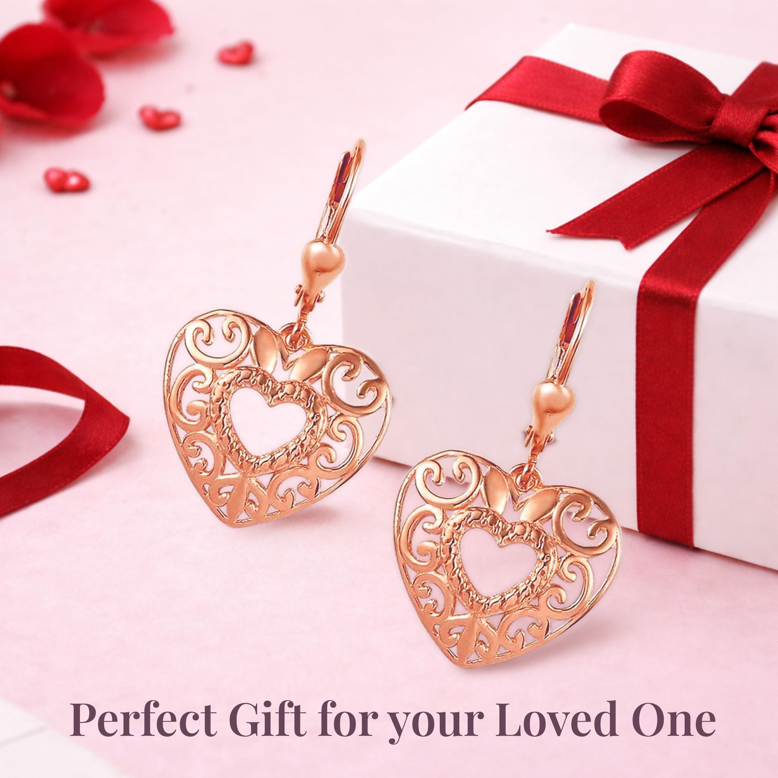 14K Gold Plated Sterling Silver Heart Earrings for Women - Drop Dangle Filigree Earrings for Women - Fashion Cute Jewelry Anniversary Birthday Christmas Gifts for Her - Image 6