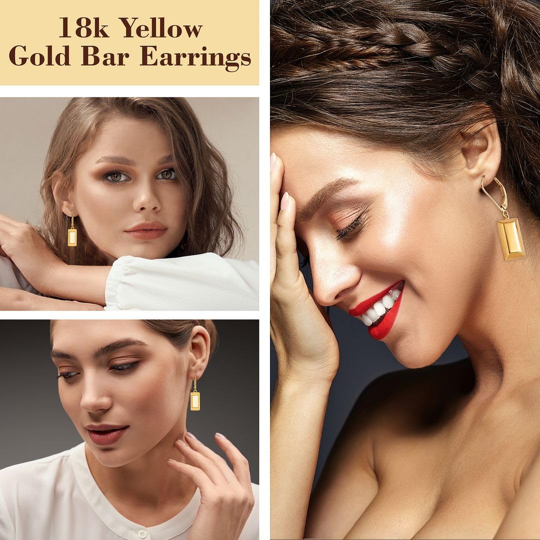 18k Yellow Bar 2.3 Gram Real Gold Earrings for Women - Solid Gold Earrings Dangle Drop - Pure 18 Karat Engagement Wedding Jewelry Birthday Christmas Gifts for Womens - Image 2