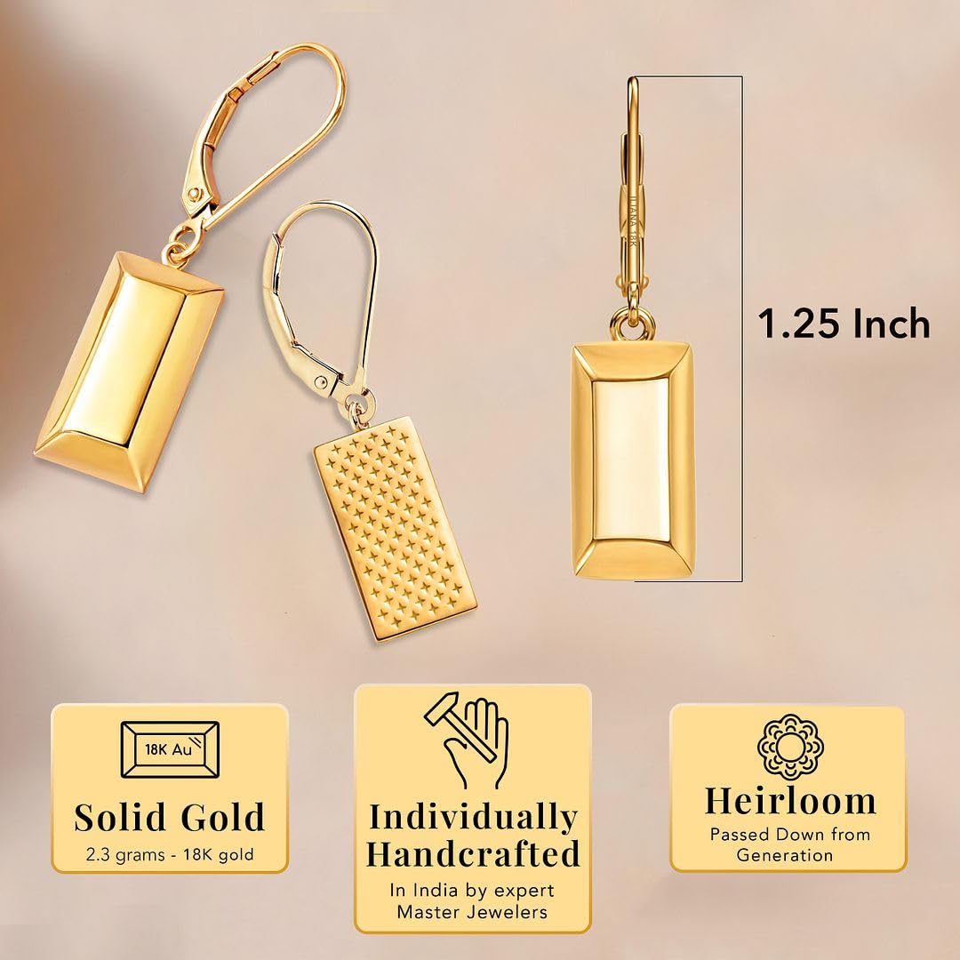 18k Yellow Bar 2.3 Gram Real Gold Earrings for Women - Solid Gold Earrings Dangle Drop - Pure 18 Karat Engagement Wedding Jewelry Birthday Christmas Gifts for Womens - Image 3