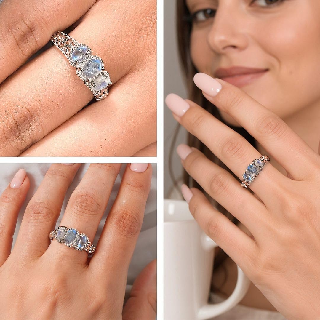 3 Birthstone Rings for Women in 925 Sterling Silver with Platinum Plating - Mothers Daughters Promise Engagement Rings - Gemstones Jewelry for Her Birthday Anniversary Wedding Gifts for Women - Image 2