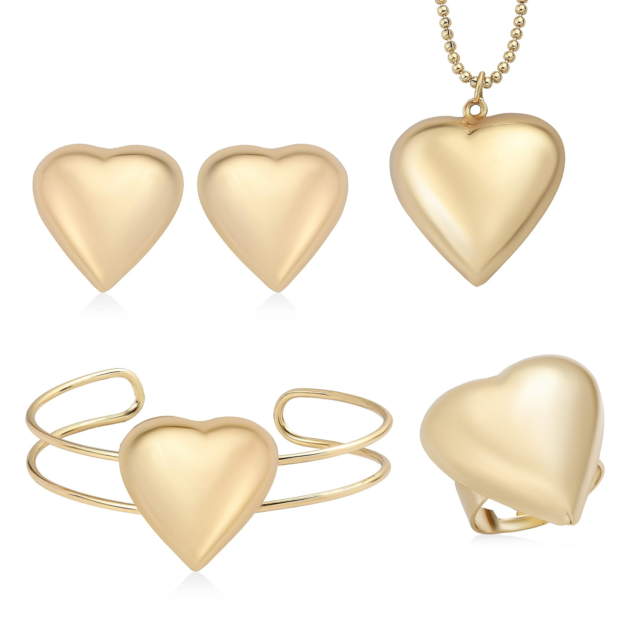 4 Piece Heart Jewelry Set -Earrings, Necklace 17 Inches, Bangle Bracelet, Ring Adjustable in Goldtone
