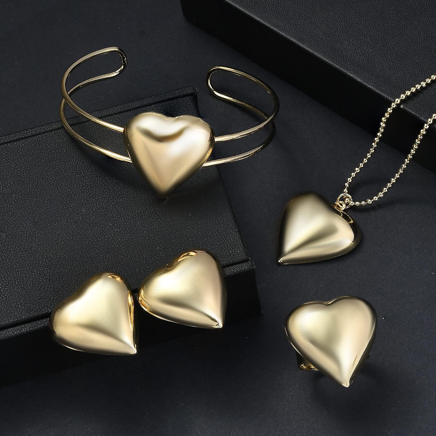 4 Piece Heart Jewelry Set -Earrings, Necklace 17 Inches, Bangle Bracelet, Ring Adjustable in Goldtone - Image 2