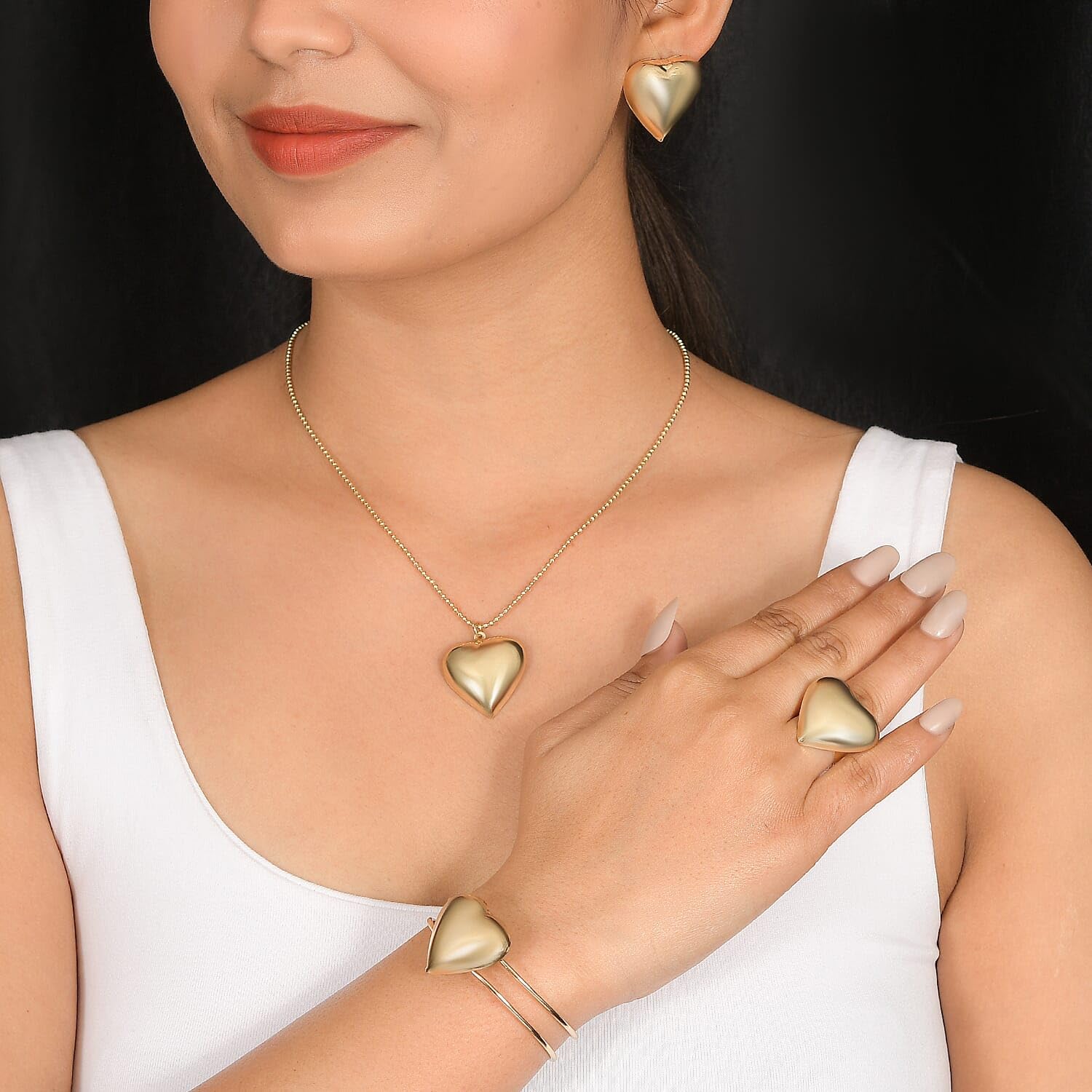 4 Piece Heart Jewelry Set -Earrings, Necklace 17 Inches, Bangle Bracelet, Ring Adjustable in Goldtone - Image 3
