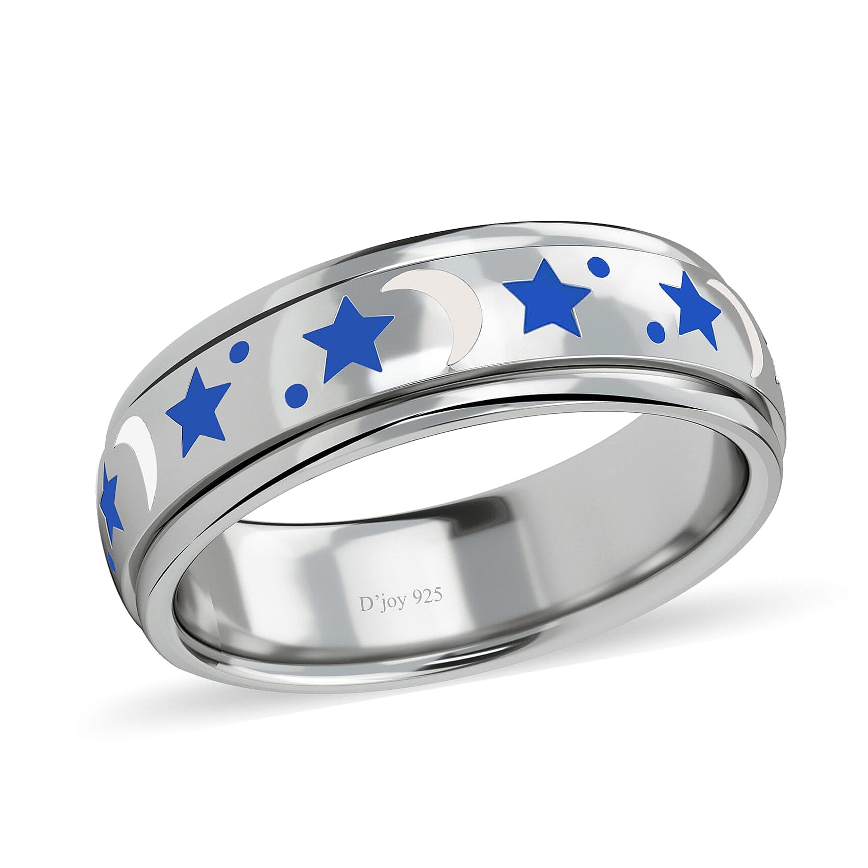 925 Sterling Silver Blue & White Enamel Moon Star Anxiety Spinner Ring for Women Platinum Plated Boho Wedding Anniversary Fidget Stress Relieving Band Ring for Men Size 5 Christmas Gifts