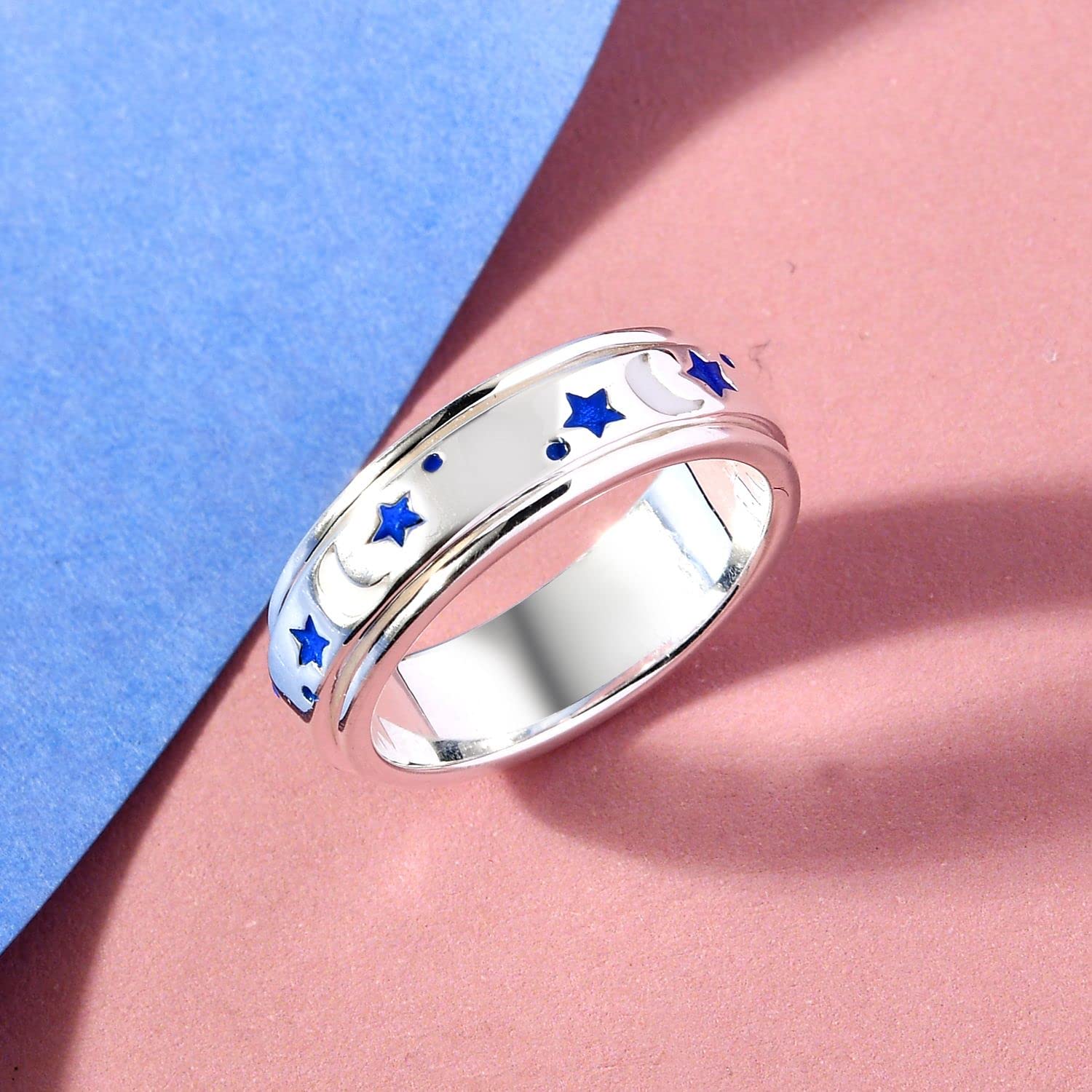 925 Sterling Silver Blue & White Enamel Moon Star Anxiety Spinner Ring for Women Platinum Plated Boho Wedding Anniversary Fidget Stress Relieving Band Ring for Men Size 5 Christmas Gifts - Image 2