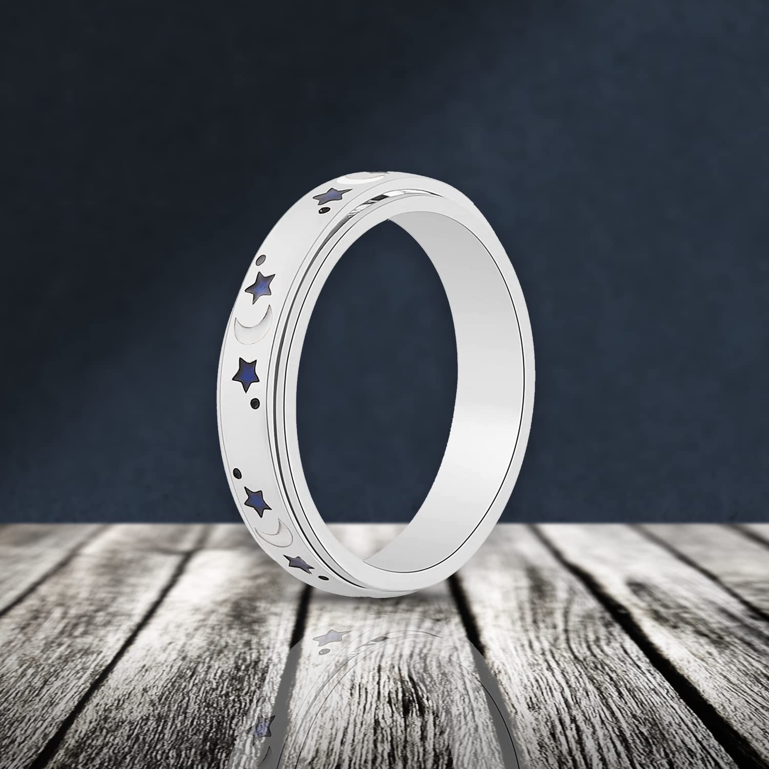 925 Sterling Silver Blue & White Enamel Moon Star Anxiety Spinner Ring for Women Platinum Plated Boho Wedding Anniversary Fidget Stress Relieving Band Ring for Men Size 5 Christmas Gifts - Image 3