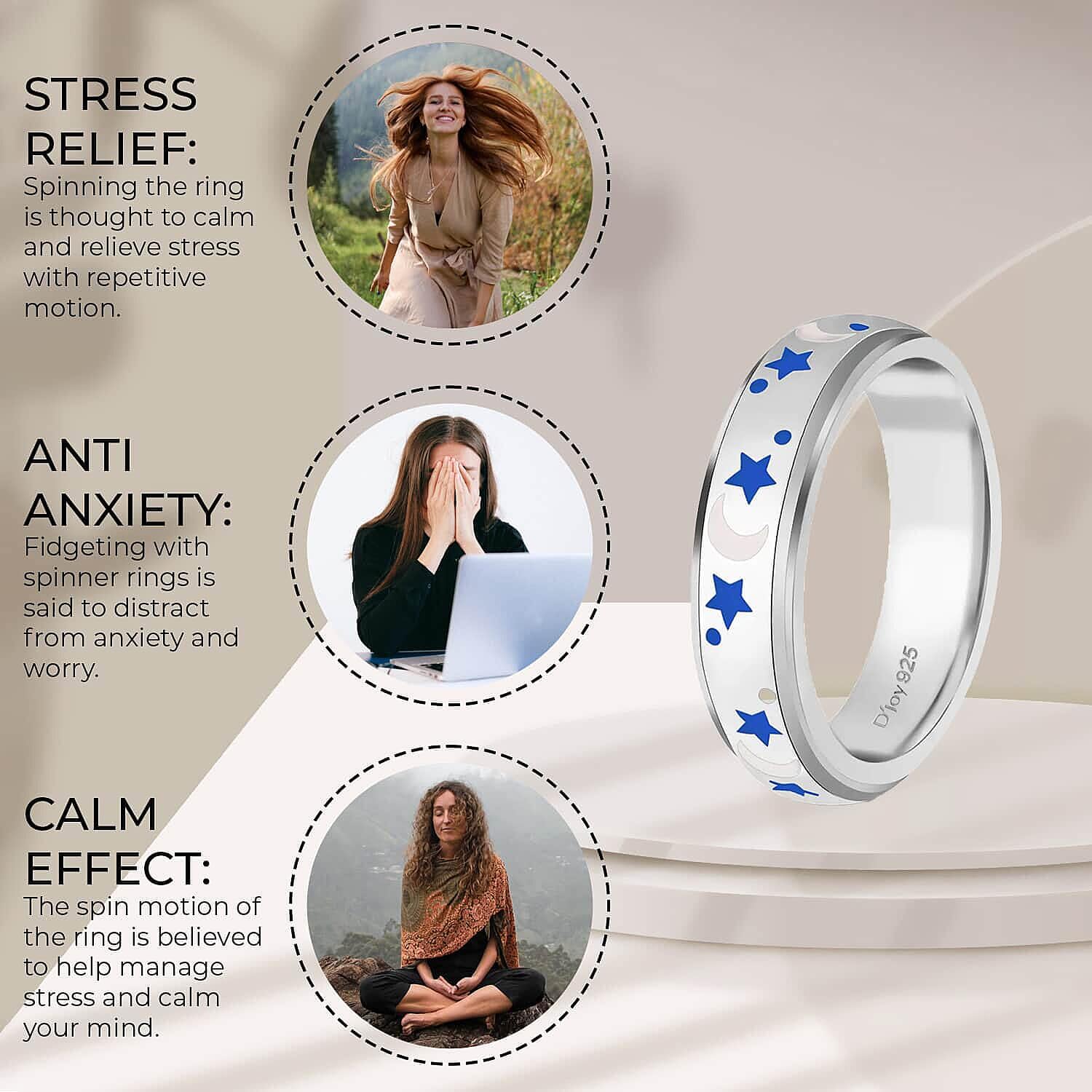 925 Sterling Silver Blue & White Enamel Moon Star Anxiety Spinner Ring for Women Platinum Plated Boho Wedding Anniversary Fidget Stress Relieving Band Ring for Men Size 5 Christmas Gifts - Image 4