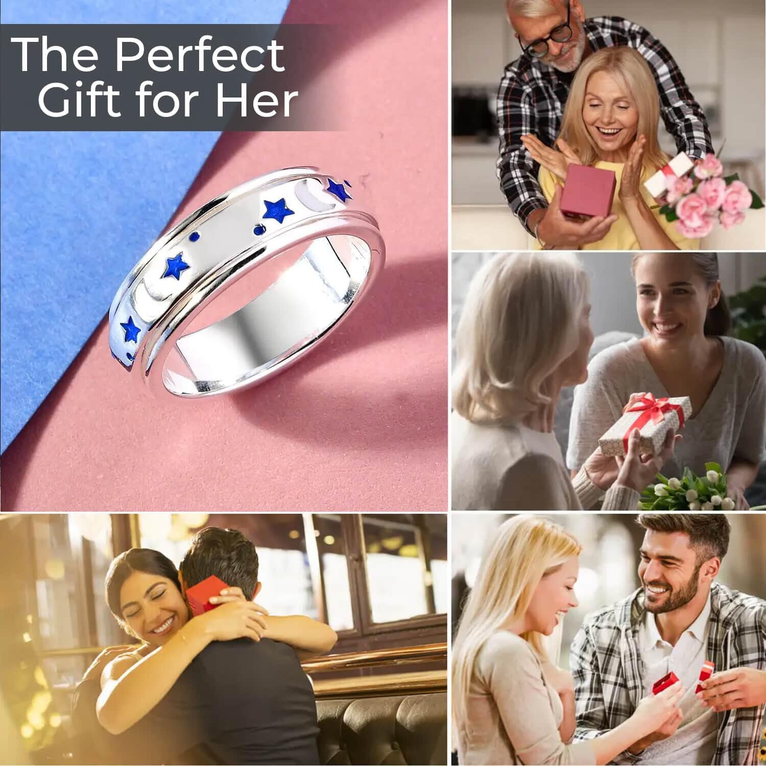 925 Sterling Silver Blue & White Enamel Moon Star Anxiety Spinner Ring for Women Platinum Plated Boho Wedding Anniversary Fidget Stress Relieving Band Ring for Men Size 5 Christmas Gifts - Image 5