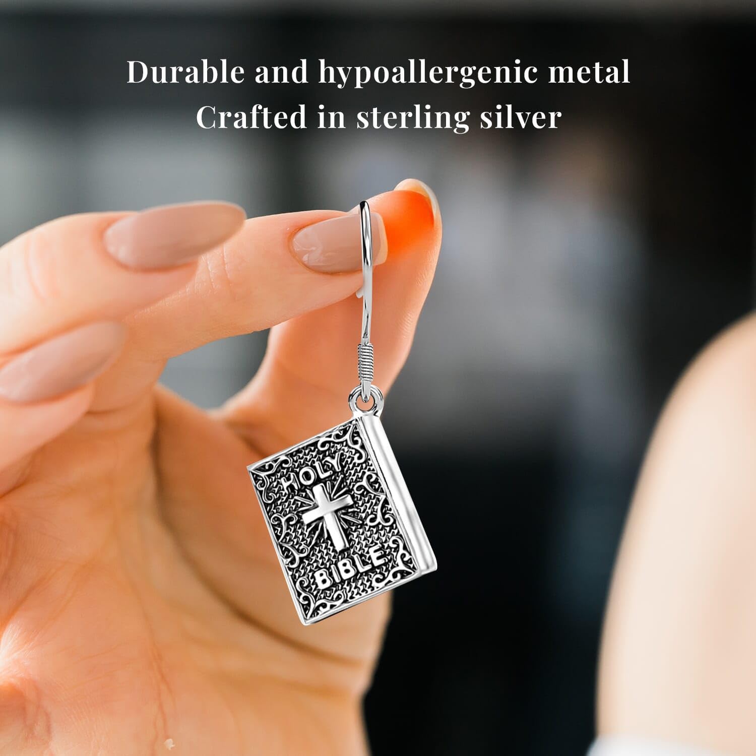 925 Sterling Silver Holy Cross Bible Dangle Drop Earrings 5.35 Grams Catholic Faith Christian Religious Birthday Jewelry Birthday Christmas Gifts for Women - Image 4