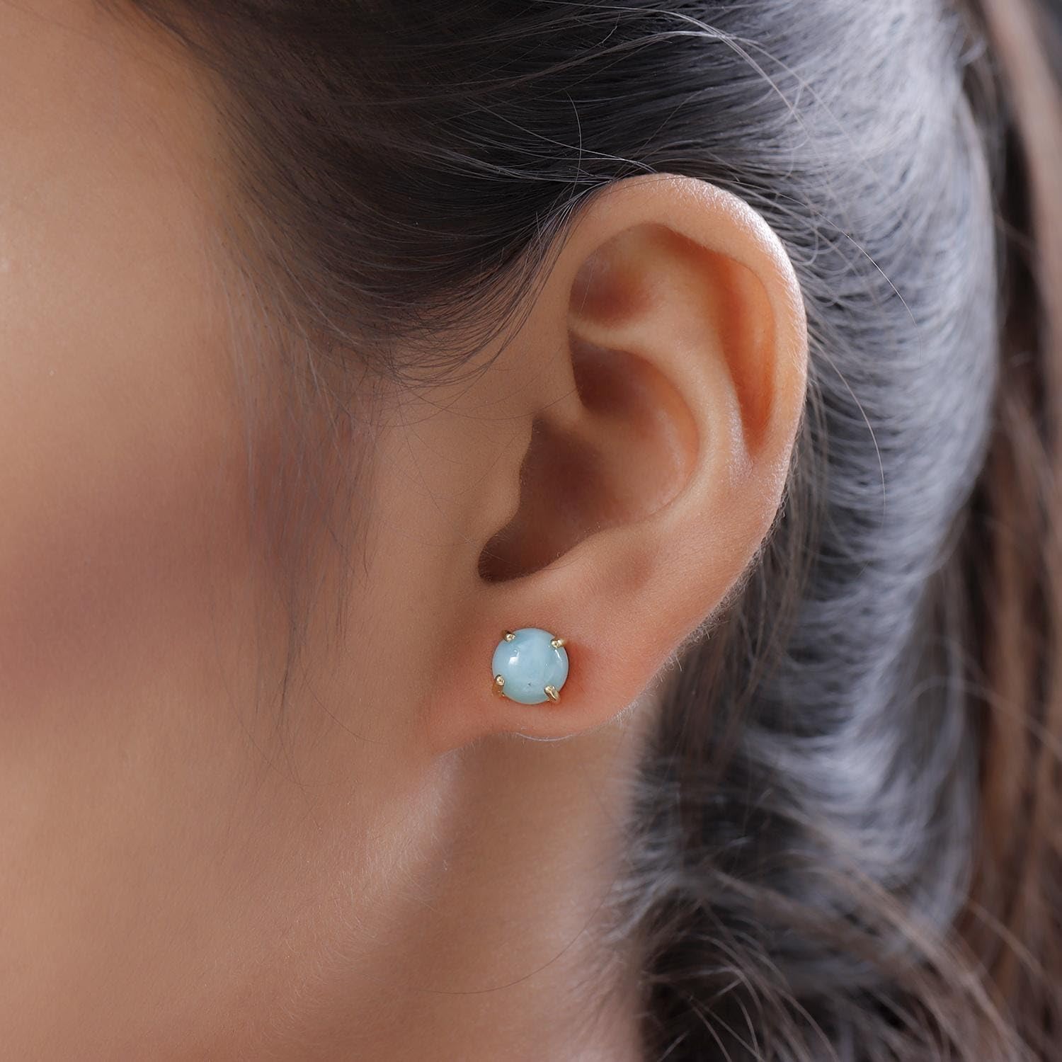 925 Sterling Silver Yellow Gold Over Larimar Solitaire Cute Stud Earrings for Women Jewelry Ct 1.5 Birthday Christmas Gifts for Women - Image 2