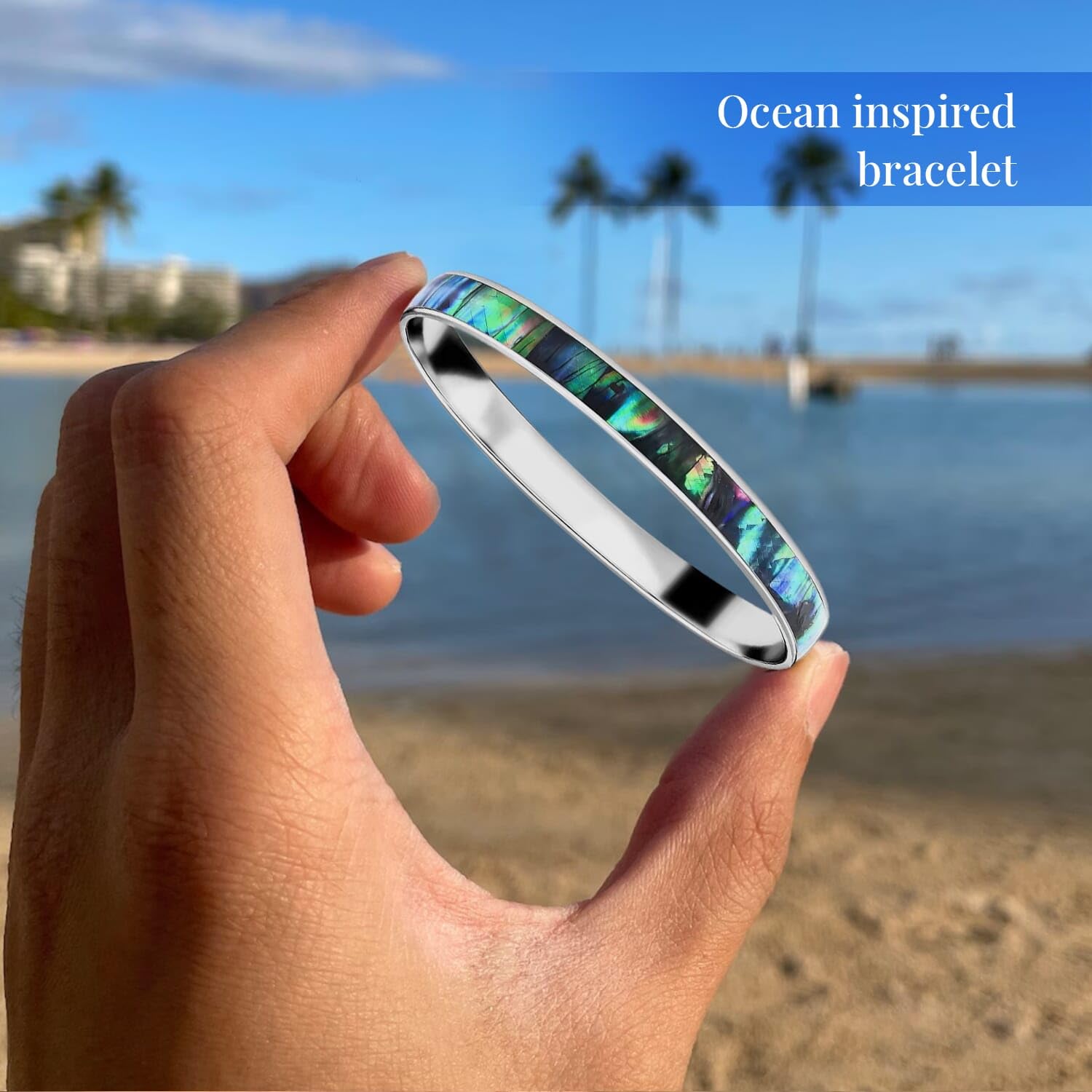 Abalone Shell Bangle Bracelet in Stainless Steel - Genuine Handmade Abalone Boho Jewelry for Women - Natural Abalone & Acacia Wood Bali Enamel Bangles - 8" to 8.5" Jewelry Christmas Gifts for - Image 3