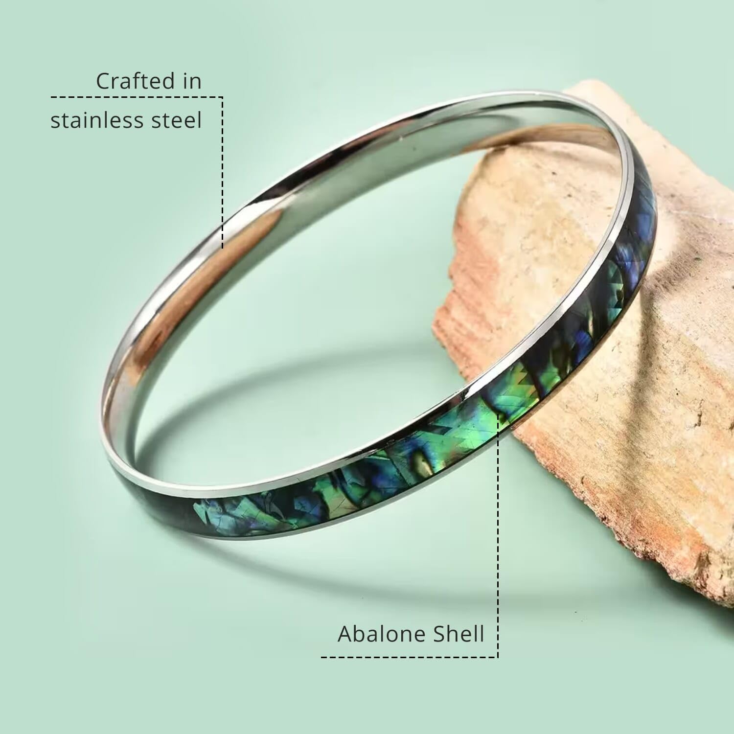 Abalone Shell Bangle Bracelet in Stainless Steel - Genuine Handmade Abalone Boho Jewelry for Women - Natural Abalone & Acacia Wood Bali Enamel Bangles - 8" to 8.5" Jewelry Christmas Gifts for - Image 4