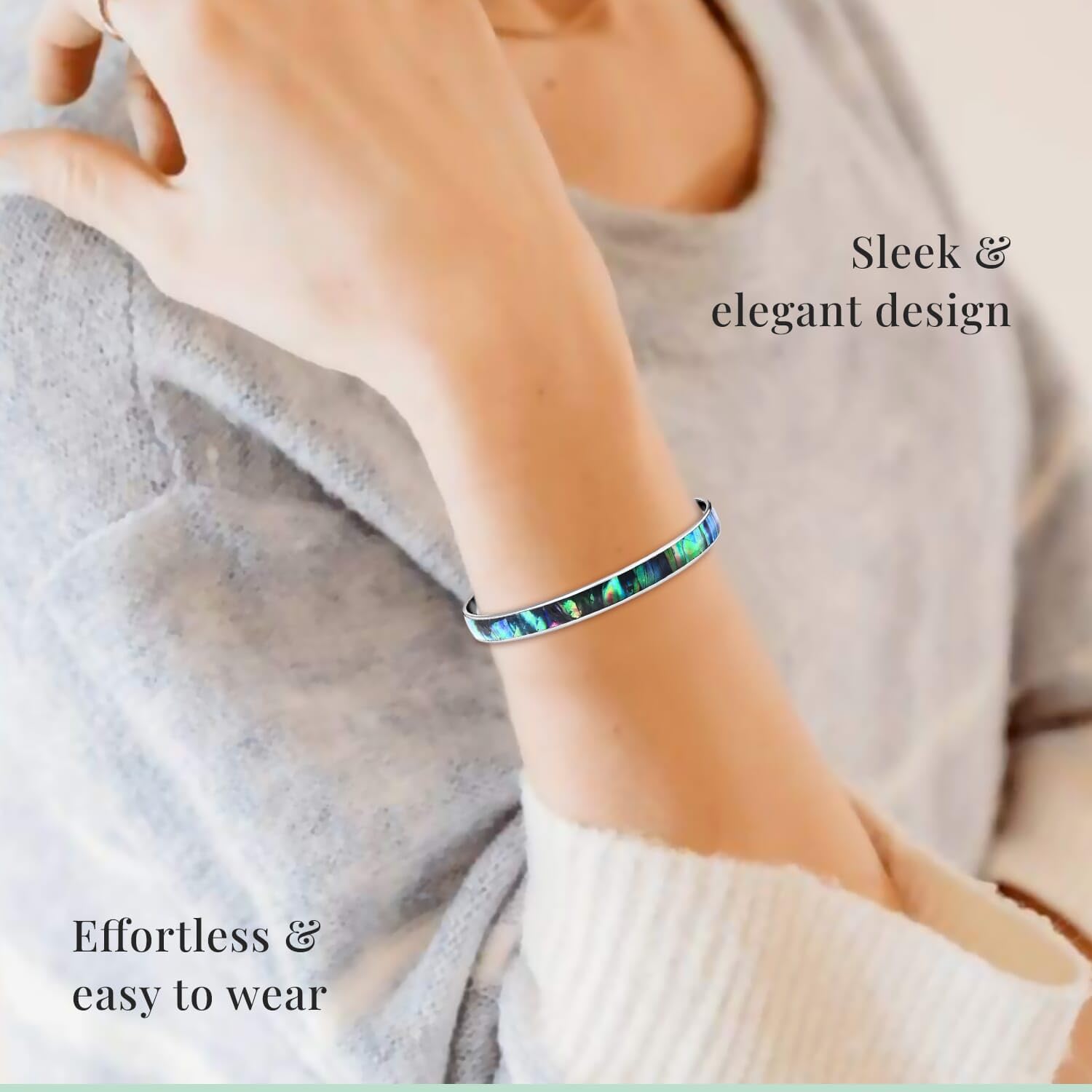 Abalone Shell Bangle Bracelet in Stainless Steel - Genuine Handmade Abalone Boho Jewelry for Women - Natural Abalone & Acacia Wood Bali Enamel Bangles - 8" to 8.5" Jewelry Christmas Gifts for - Image 5