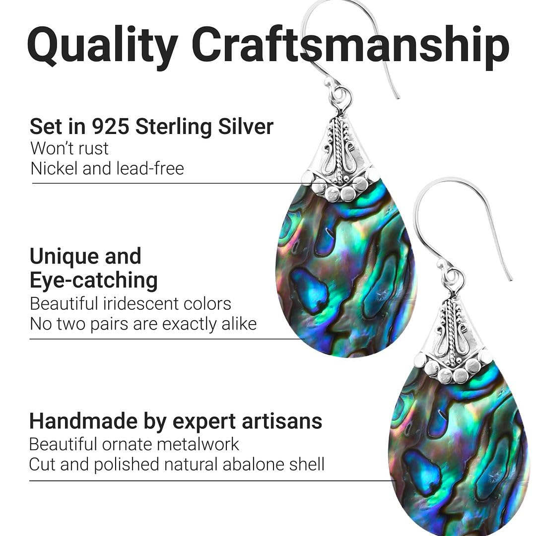 Abalone Shell Dangle Earrings for Women Sterling Silver 925 - Unique Vintage Beach Boho Earrings - Costume Jewelry Anniversary Birthday Christmas Gifts for Womens - Image 3