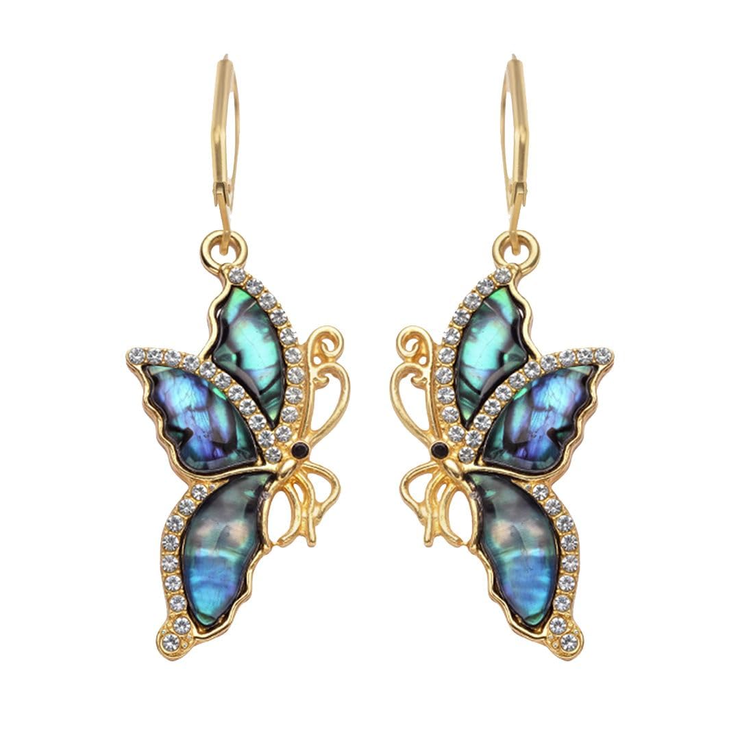 Abalone Shell Dangle Earrings for Women - Unique Vintage Beach Boho Butterfly Earrings with Black & White Crystal - Leverback Costume Jewelry Birthday Christmas Gifts for Womens