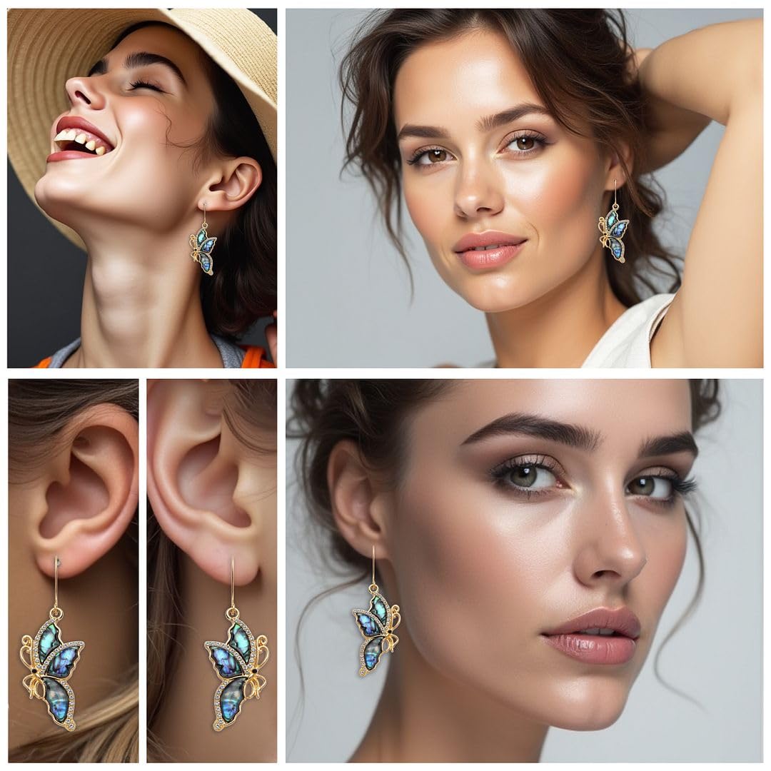 Abalone Shell Dangle Earrings for Women - Unique Vintage Beach Boho Butterfly Earrings with Black & White Crystal - Leverback Costume Jewelry Birthday Christmas Gifts for Womens - Image 2