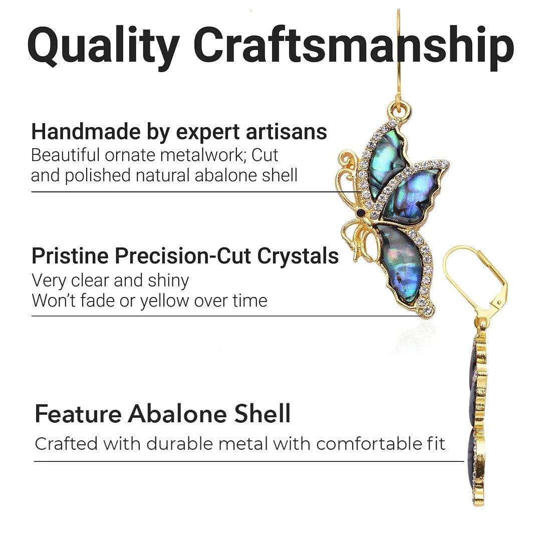 Abalone Shell Dangle Earrings for Women - Unique Vintage Beach Boho Butterfly Earrings with Black & White Crystal - Leverback Costume Jewelry Birthday Christmas Gifts for Womens - Image 4