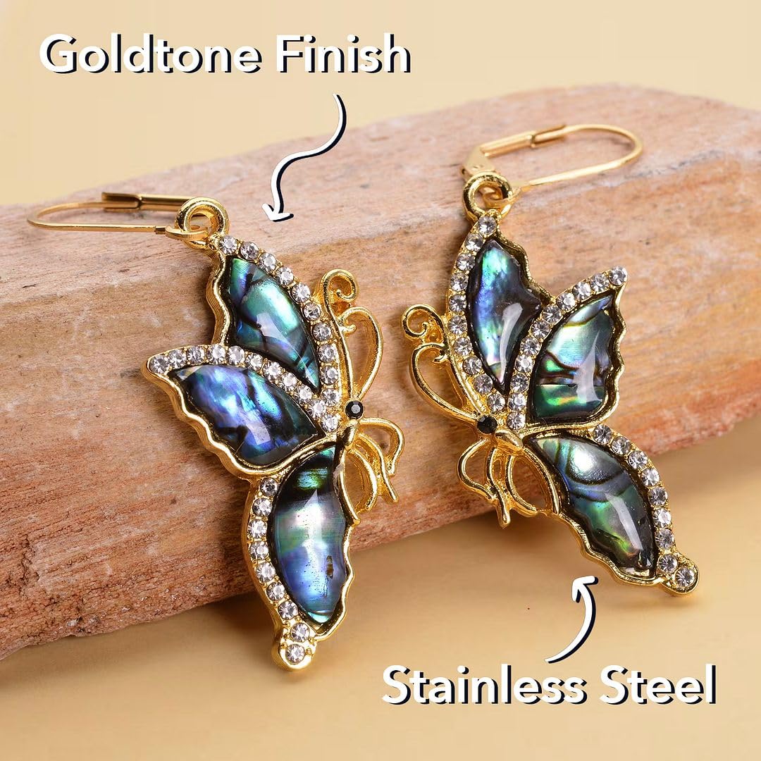 Abalone Shell Dangle Earrings for Women - Unique Vintage Beach Boho Butterfly Earrings with Black & White Crystal - Leverback Costume Jewelry Birthday Christmas Gifts for Womens - Image 5