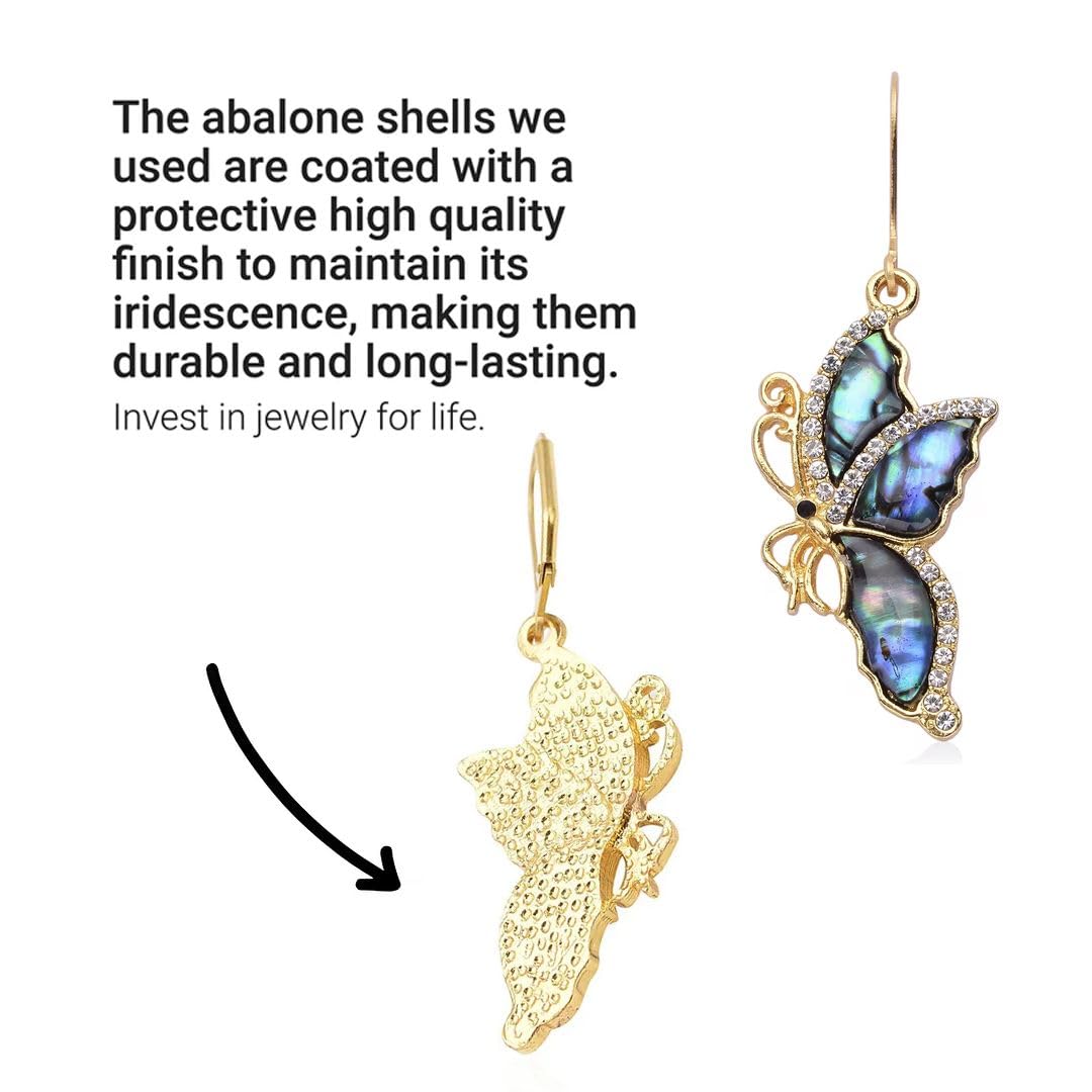Abalone Shell Dangle Earrings for Women - Unique Vintage Beach Boho Butterfly Earrings with Black & White Crystal - Leverback Costume Jewelry Birthday Christmas Gifts for Womens - Image 6