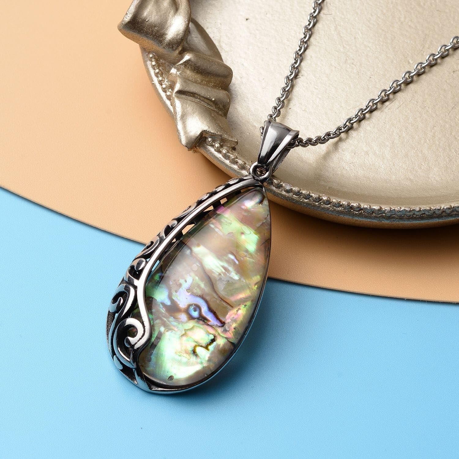Abalone Shell Pendant Necklace for Women with Black Oxidized Stainless Steel Chain 20" - Abalone Boho Beachy Costume Jewelry for Women - Engagement Anniversary Wedding Birthday Christmas Gifts - Image 2