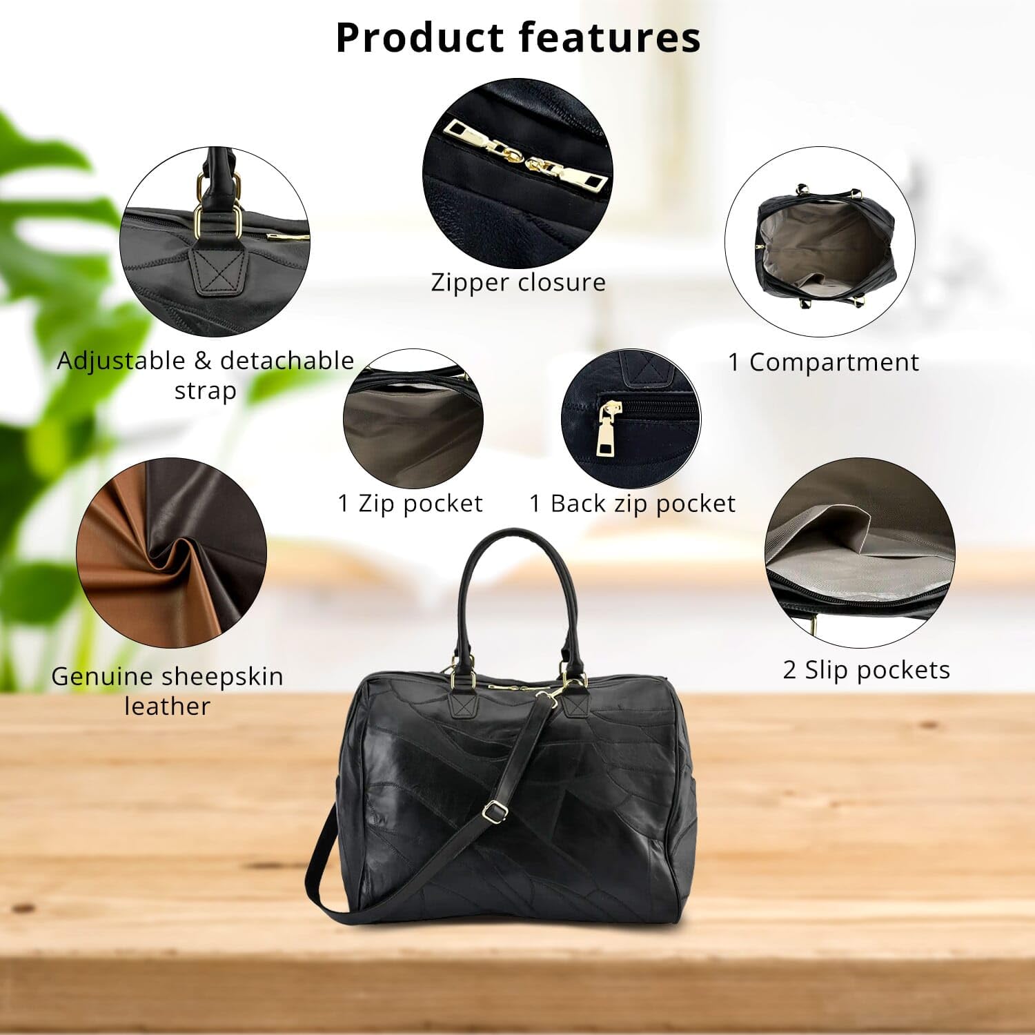 Black Color Sheepskin Leather Travel Bag with Handle Drop and Shoulder Strap Birthday Christmas Gifts - Image 4