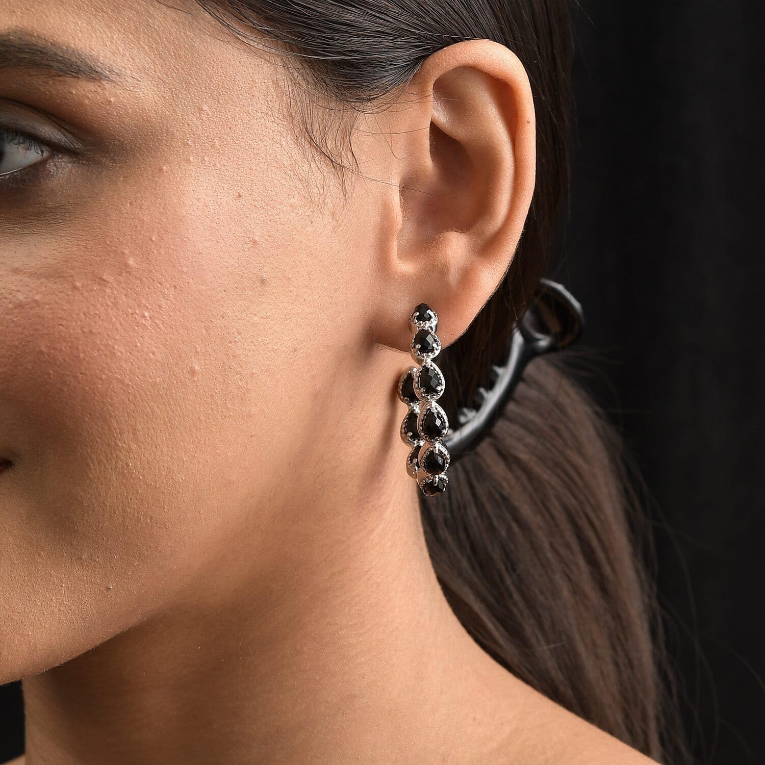 Black Onyx Inside Out Half Hoop Earrings Stainless Steel for Women Jewelry Birthday Christmas Gifts for Women - Image 4