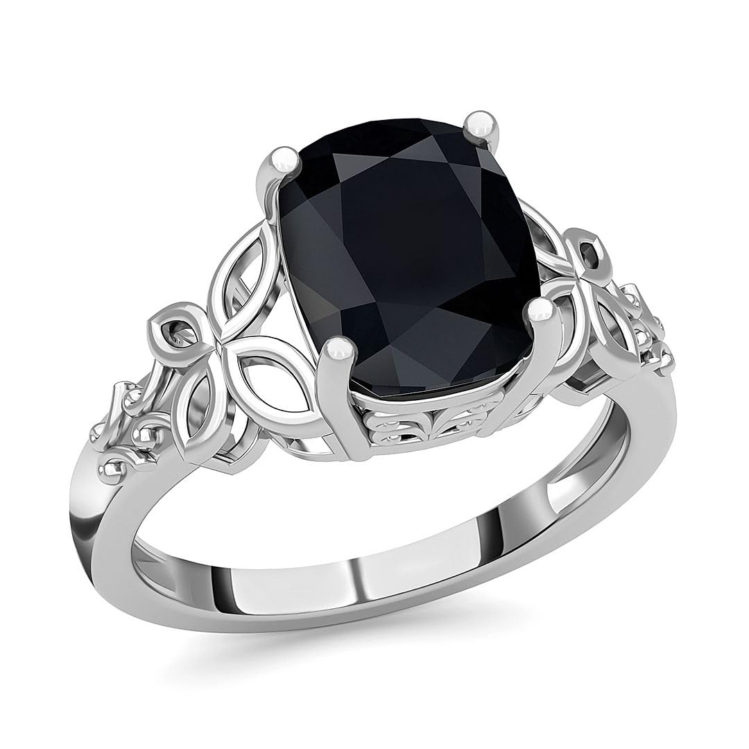 Black Tourmaline Ring in 925 Sterling Silver - October Birthstone Rings for Women - Engagement Promise Floral Statement Vintage Solitaire Tourmaline Jewelry Christmas Gifts for Womens