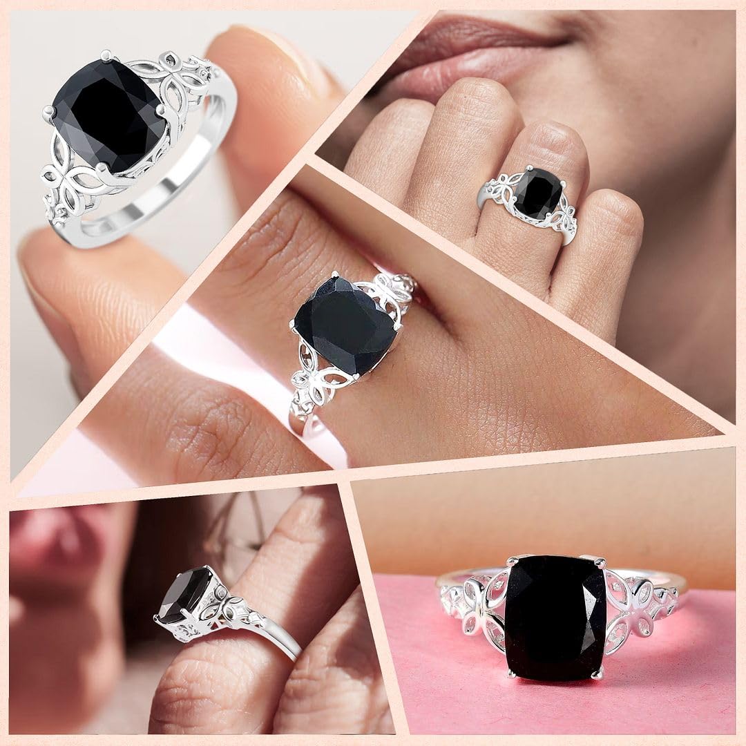 Black Tourmaline Ring in 925 Sterling Silver - October Birthstone Rings for Women - Engagement Promise Floral Statement Vintage Solitaire Tourmaline Jewelry Christmas Gifts for Womens - Image 2