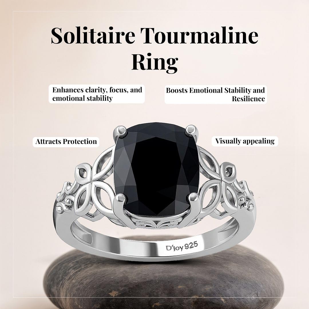 Black Tourmaline Ring in 925 Sterling Silver - October Birthstone Rings for Women - Engagement Promise Floral Statement Vintage Solitaire Tourmaline Jewelry Christmas Gifts for Womens - Image 3