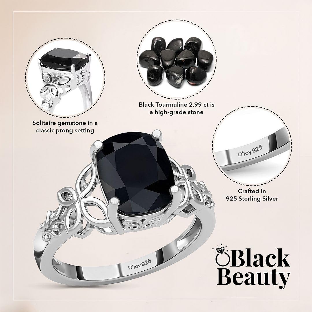 Black Tourmaline Ring in 925 Sterling Silver - October Birthstone Rings for Women - Engagement Promise Floral Statement Vintage Solitaire Tourmaline Jewelry Christmas Gifts for Womens - Image 4