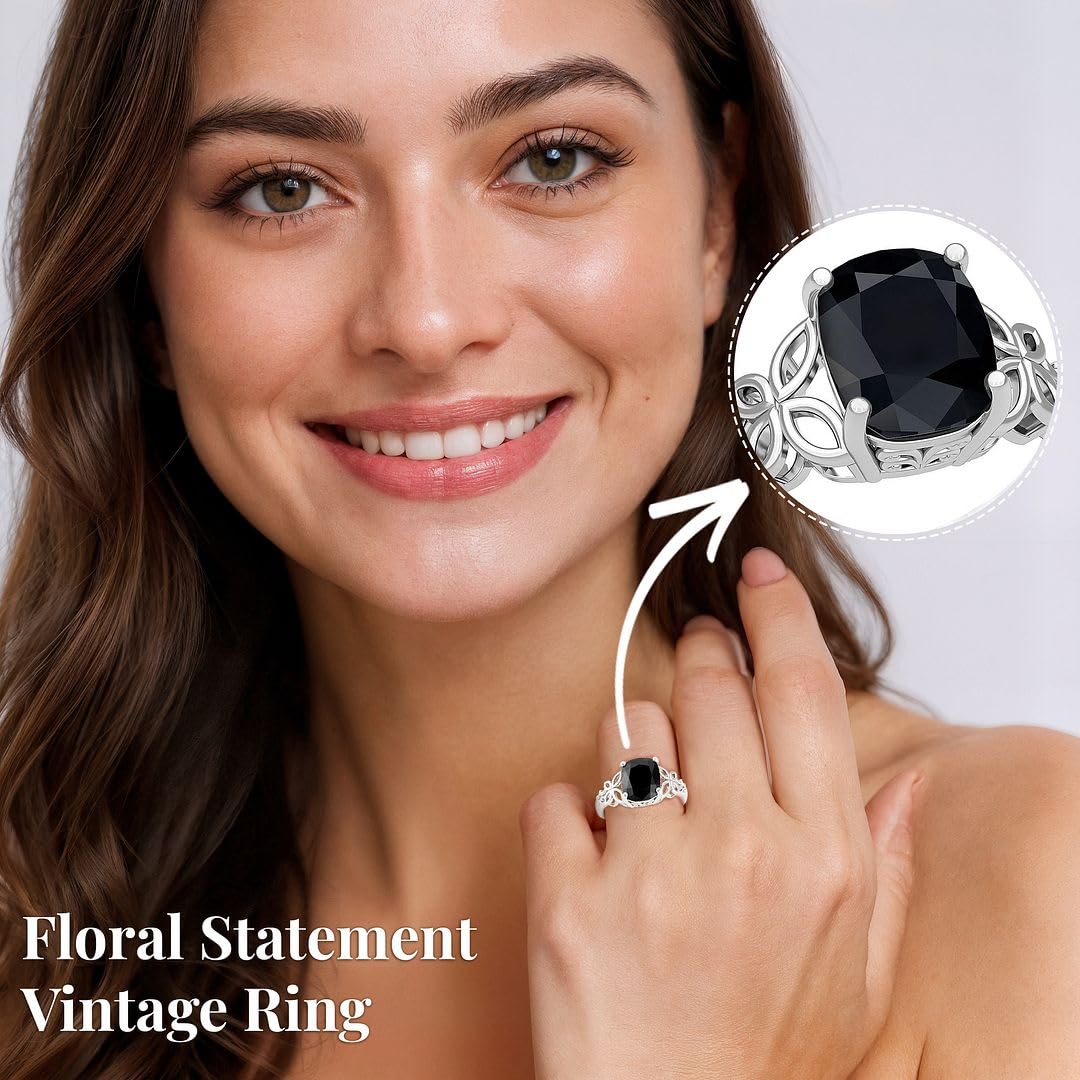 Black Tourmaline Ring in 925 Sterling Silver - October Birthstone Rings for Women - Engagement Promise Floral Statement Vintage Solitaire Tourmaline Jewelry Christmas Gifts for Womens - Image 5