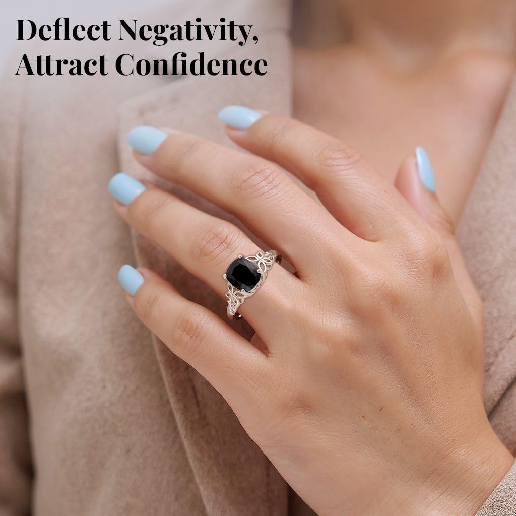 Black Tourmaline Ring in 925 Sterling Silver - October Birthstone Rings for Women - Engagement Promise Floral Statement Vintage Solitaire Tourmaline Jewelry Christmas Gifts for Womens - Image 6