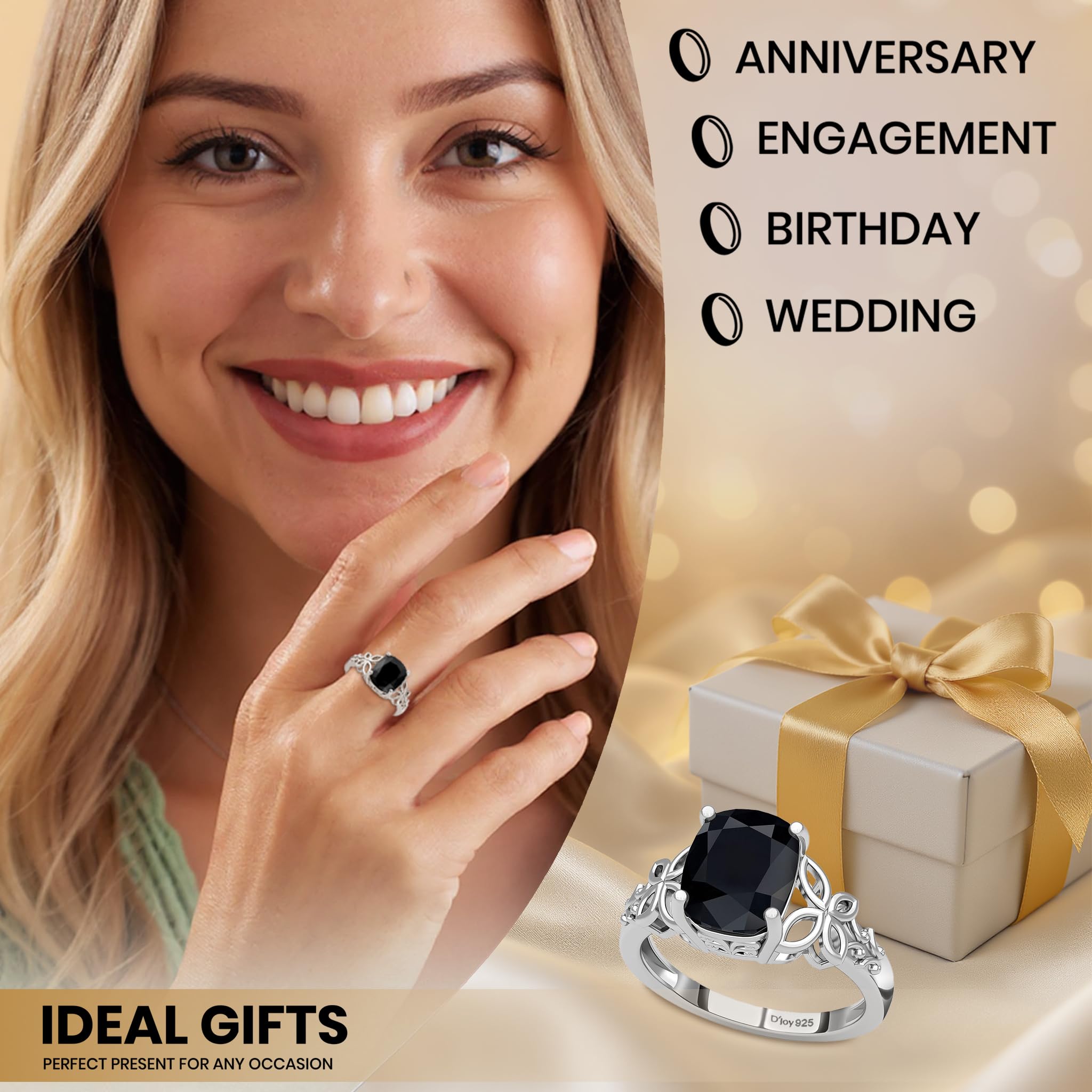 Black Tourmaline Ring in 925 Sterling Silver - October Birthstone Rings for Women - Engagement Promise Floral Statement Vintage Solitaire Tourmaline Jewelry Christmas Gifts for Womens - Image 7