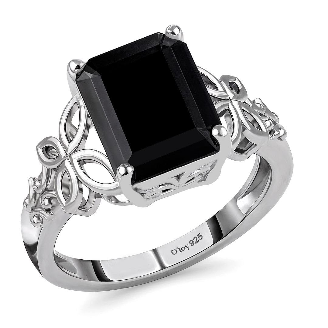 Black Tourmaline Ring in 925 Sterling Silver - October Birthstone Rings for Women - Engagement Promise Floral Statement Vintage Solitaire Tourmaline Jewelry Christmas Gifts for Womens