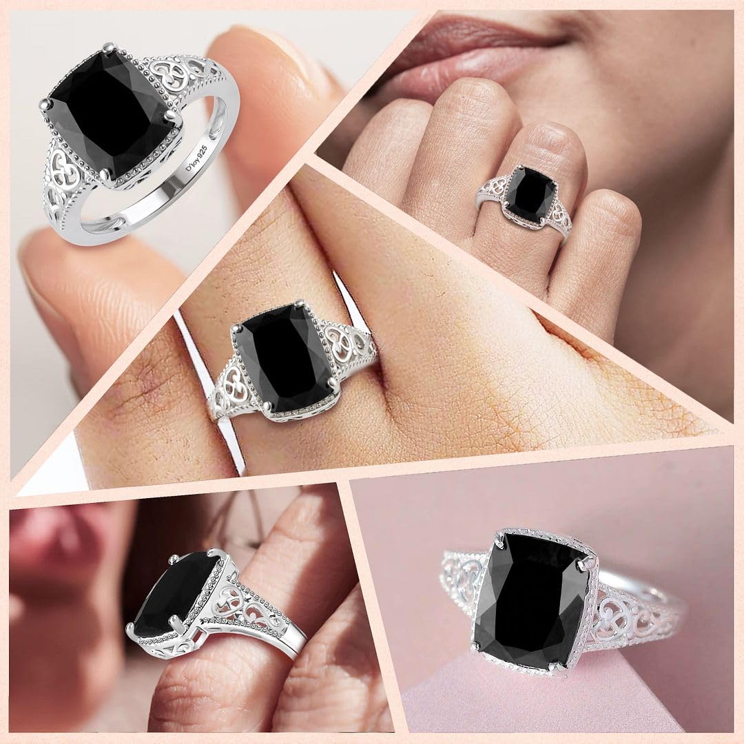 Black Tourmaline Ring in 925 Sterling Silver - October Birthstone Rings for Women - Engagement Promise Floral Statement Vintage Solitaire Tourmaline Jewelry Christmas Gifts for Womens - Image 2