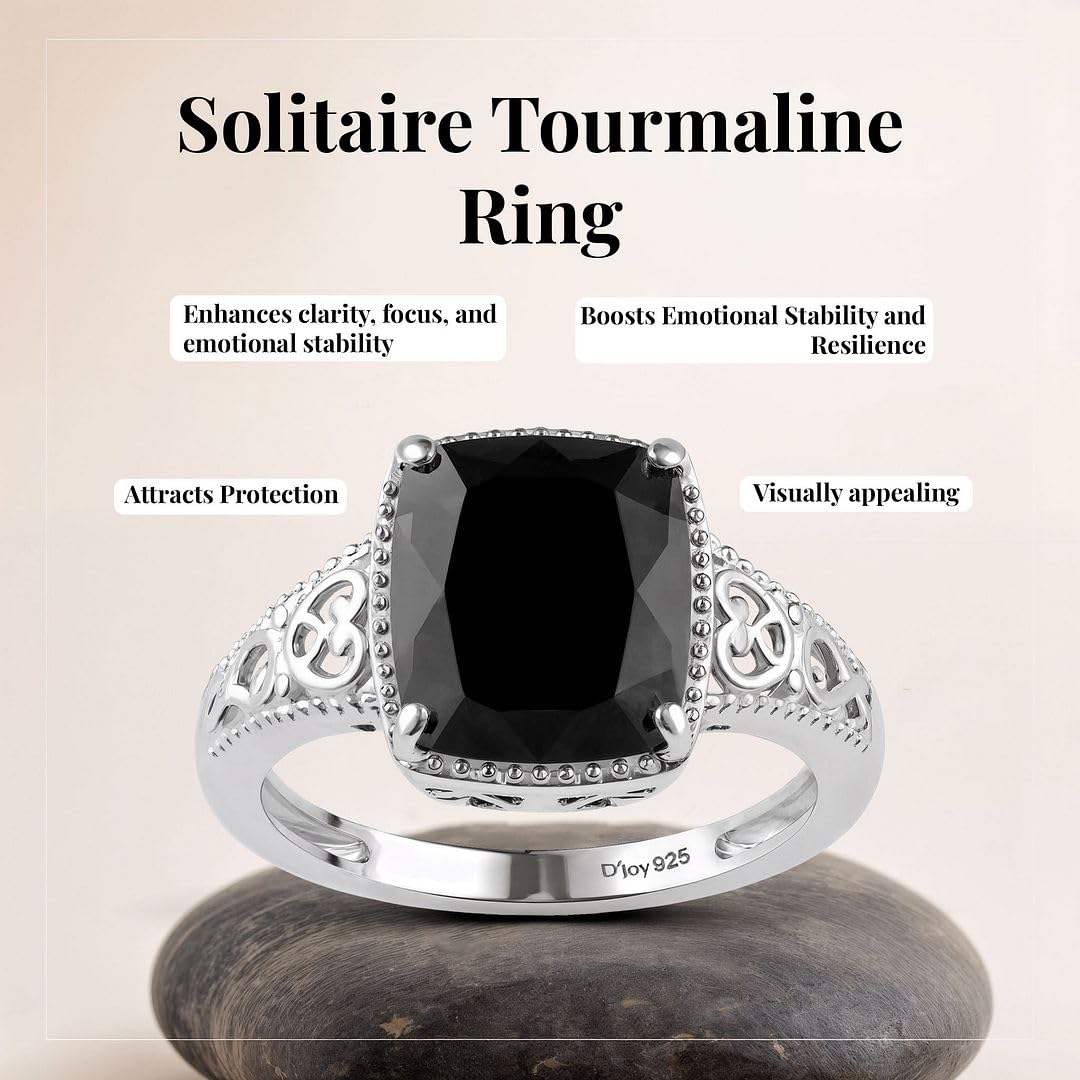 Black Tourmaline Ring in 925 Sterling Silver - October Birthstone Rings for Women - Engagement Promise Floral Statement Vintage Solitaire Tourmaline Jewelry Christmas Gifts for Womens - Image 3