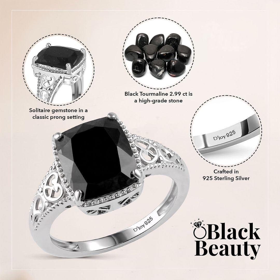 Black Tourmaline Ring in 925 Sterling Silver - October Birthstone Rings for Women - Engagement Promise Floral Statement Vintage Solitaire Tourmaline Jewelry Christmas Gifts for Womens - Image 4