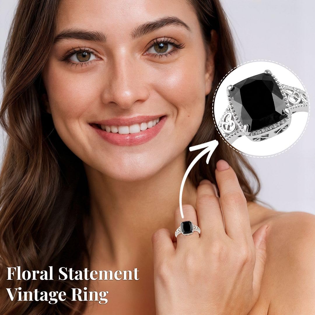 Black Tourmaline Ring in 925 Sterling Silver - October Birthstone Rings for Women - Engagement Promise Floral Statement Vintage Solitaire Tourmaline Jewelry Christmas Gifts for Womens - Image 5