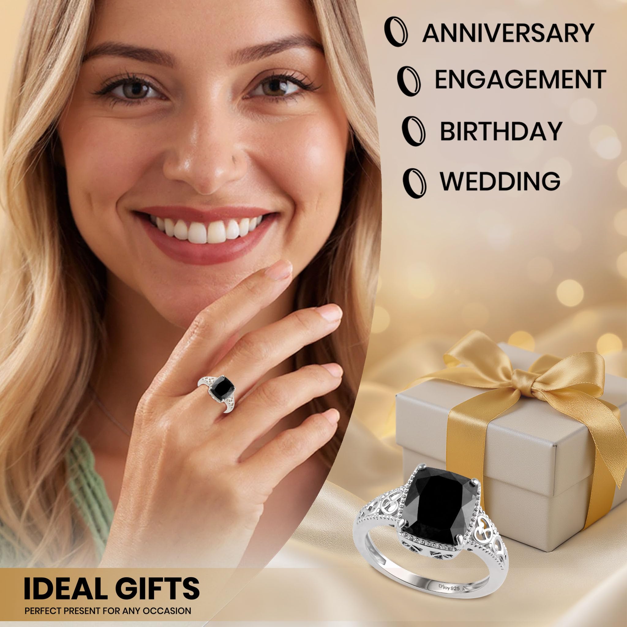 Black Tourmaline Ring in 925 Sterling Silver - October Birthstone Rings for Women - Engagement Promise Floral Statement Vintage Solitaire Tourmaline Jewelry Christmas Gifts for Womens - Image 7