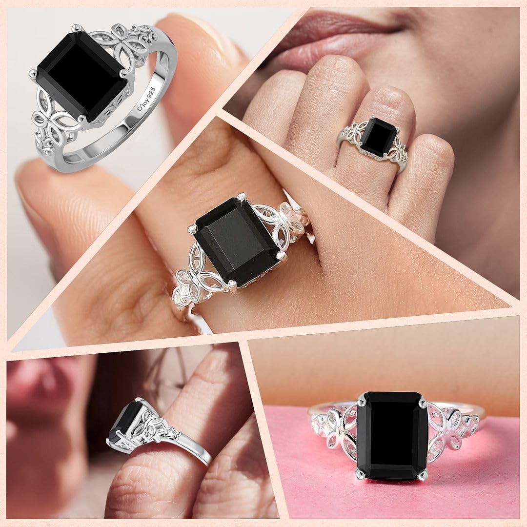 Black Tourmaline Ring in 925 Sterling Silver - October Birthstone Rings for Women - Engagement Promise Floral Statement Vintage Solitaire Tourmaline Jewelry Christmas Gifts for Womens - Image 2